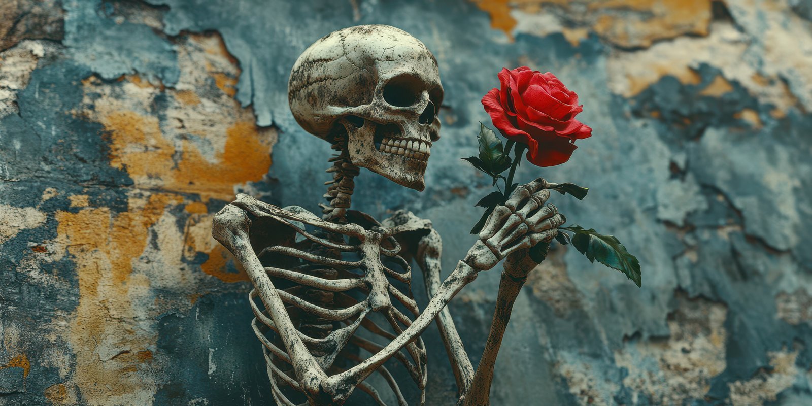 Skeleton holds a red rose against a weathered wall, reflecting themes of love and mortality
